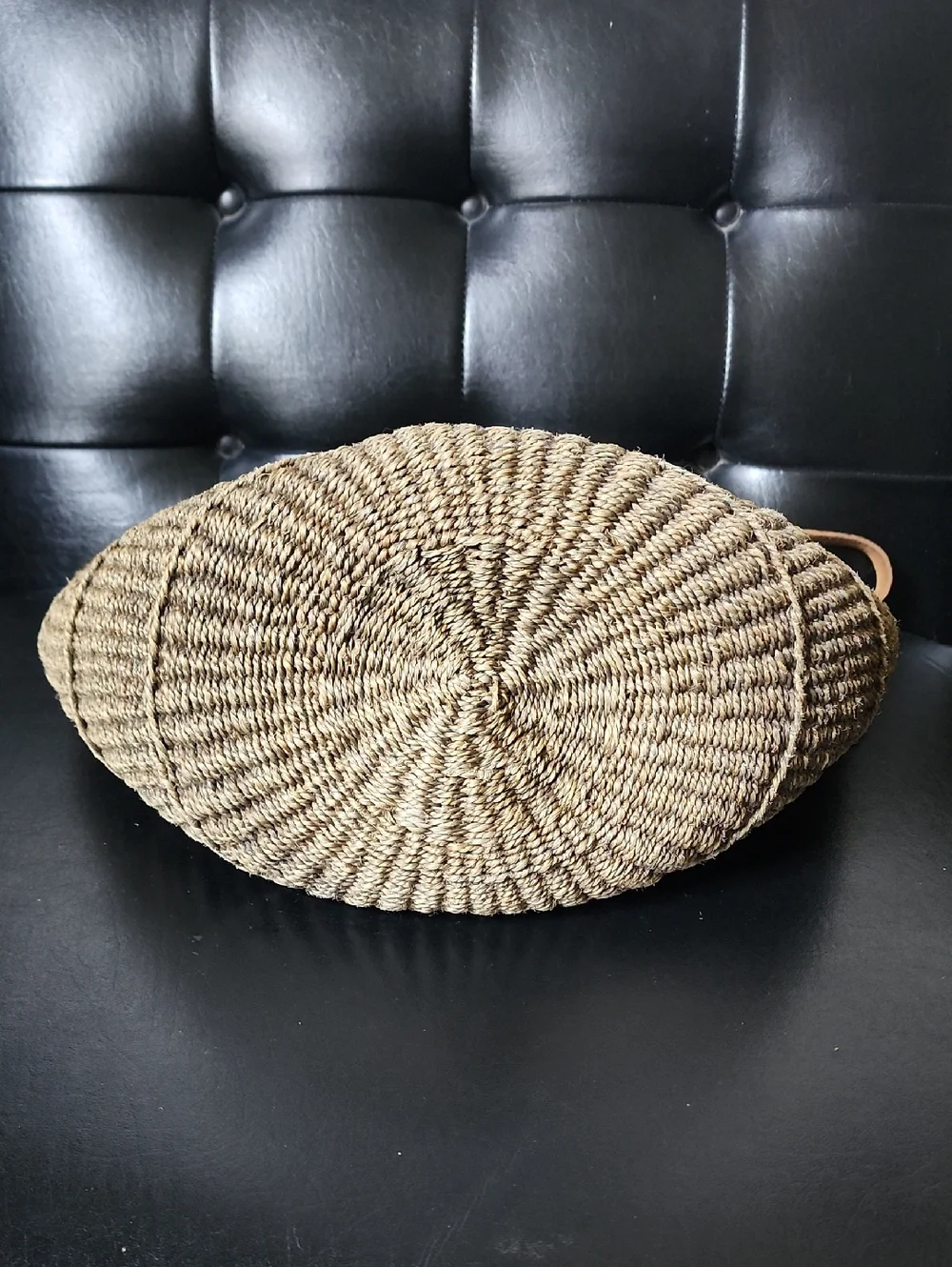 African Woven Sisel Jute Leather Strap Large Market Tote Purse Bag Vintage - Picture 5 of 11